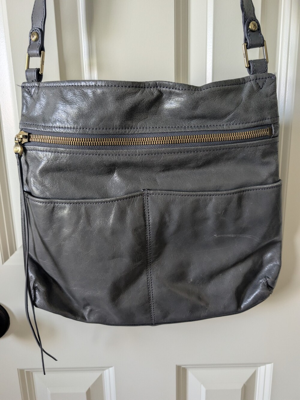 HOBO Gray Leather Crossbody Shoulder Bag Large Slouchy Purse